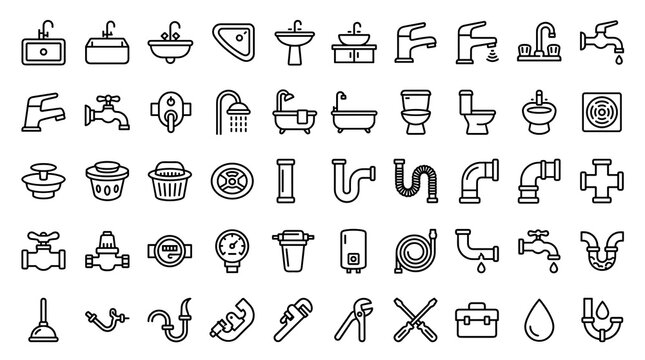 Plumbing Repair and Sink Outline Icon Set with Editable Stroke Faucets Drains Pipes Valves Bathroom Fixtures and Water Systems