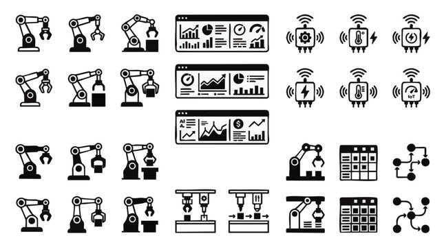 Modern sleek vector icons of automated machinery and robotic systems in a smart factory setup, concept for digital manufacturing and Industry 4.0 solutions, illustrating industrial automation and