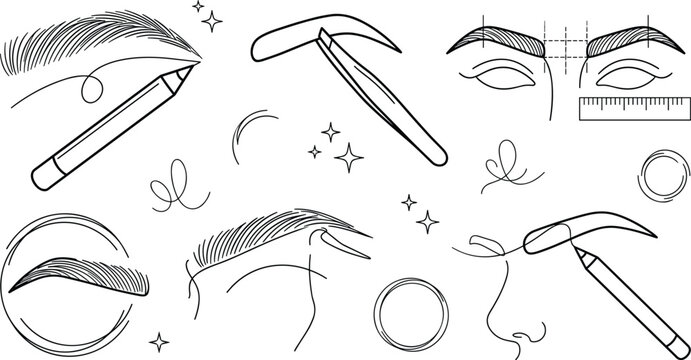 Eyebrow Microblading and Permanent Makeup Line Art Icons Set with Blades Pencils and Measurement Tools for Beauty Salons