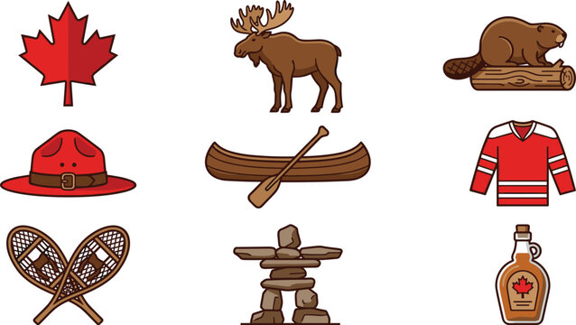 Canada culture and wildlife vector icon set featuring maple leaf moose beaver mountie hat canoe and syrup