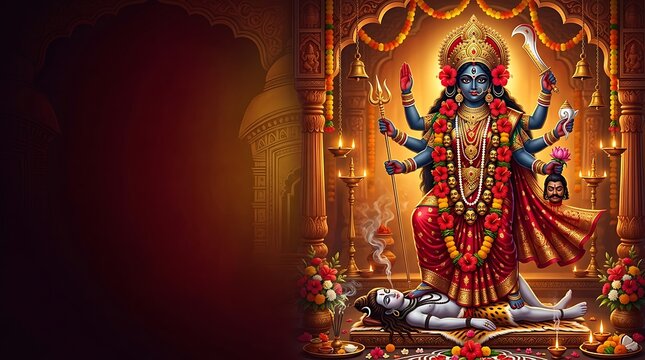 Colorful Hindu Goddess Standing Over Lesser Figure in Ornate Temple