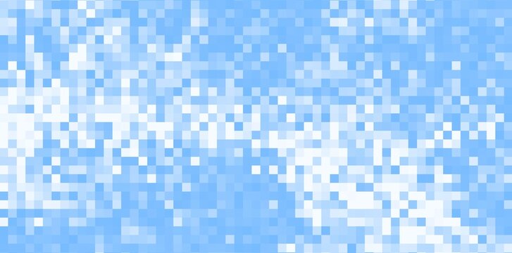 Abstract blue and white pixelated mosaic background resembling clouds in the sky.