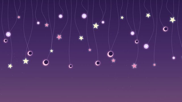 Glowing celestial background with hanging stars and moons on strings star moon night sky motion star moon night sky motion