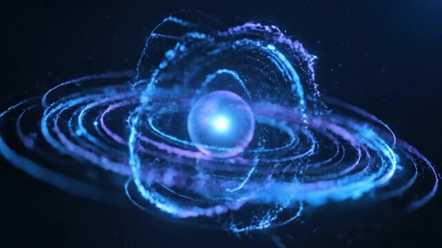 Futuristic quantum core with glowing energy sphere and orbital particle rings in deep space