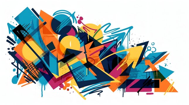 Abstract colorful graffiti art with geometric shapes and arrows on white. Vibrant street art illustration with paint splatters for modern urban design projects.