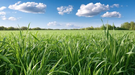Fototapeta premium Lush Green Grass Field Under Bright Blue Sky with White Clouds and Natural Scenic Landscape
