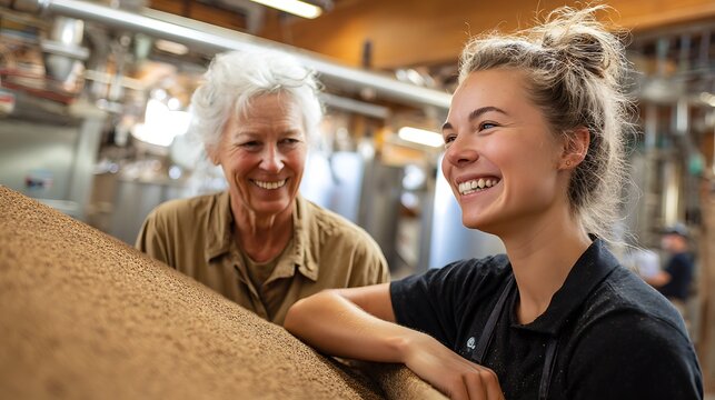 Two smiling women at a factory, one younger, one older, seemingly collaborating