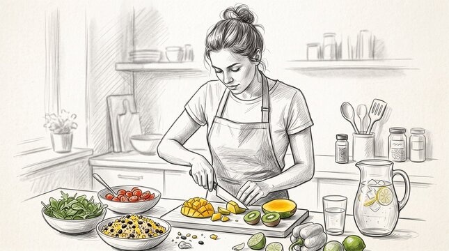 Woman preparing healthy food in a kitchen sketch style