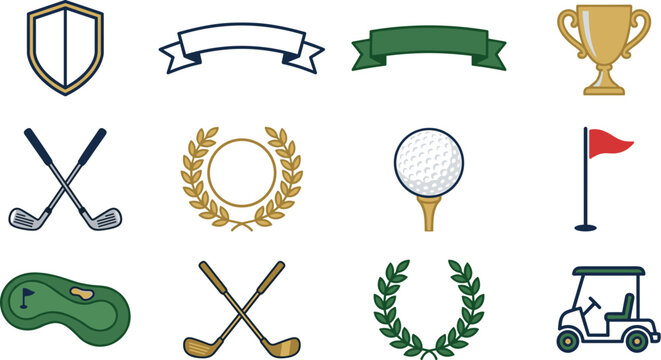 Golf tournament championship vector icon set with crossed clubs, golden trophy cup, green flags, golf cart, and elegant laurel wreaths