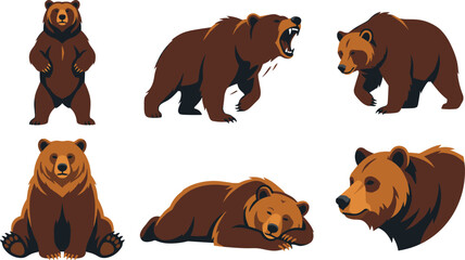 Obraz premium Grizzly brown bear mascot vector set featuring roaring standing walking sleeping sitting positions and fierce head portrait illustrations