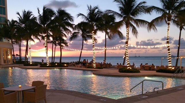 Tropical resort pool area with palm trees and ocean view at sunset.
