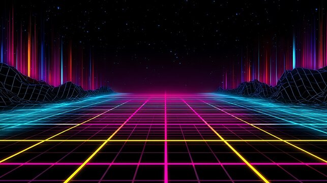 Digital synthwave landscape with grid floor, wireframe mountains, neon lights, and a starry night