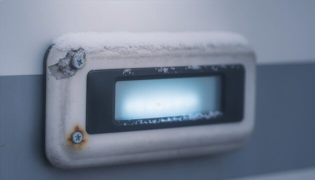 Snow coats a weathered control panel