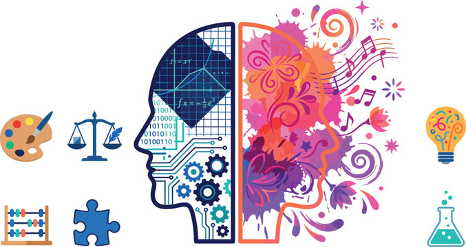 Human brain left and right hemisphere function vector concept featuring creative art and logical science analysis illustration
