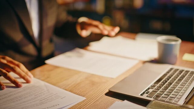Contract paperwork lawyer hands close up. Manager sorting legal documents desk.