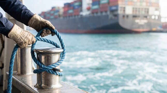 Close up of sailor hands in gloves securing mooring rope to bollard. Dockworker tying thick marine hawser at commercial shipping harbor. Maritime vessel docking and cargo. Banner, copy space.