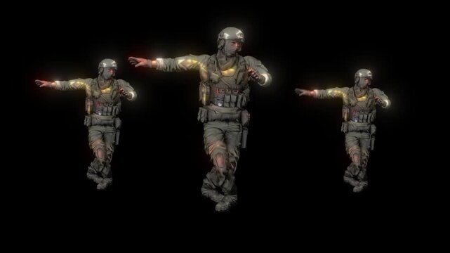 Dancing Futuristic Soldier on Black Background