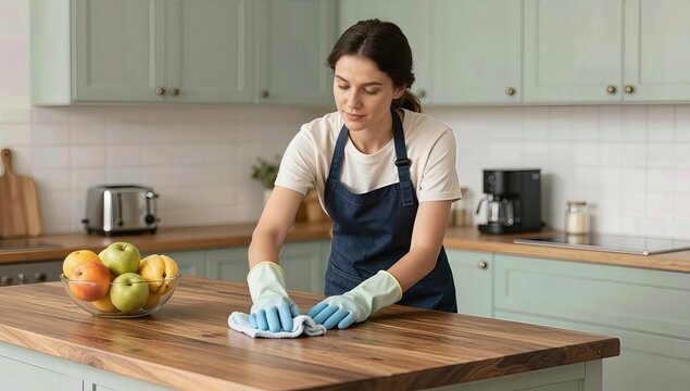 Young Woman in Blue Apron and Cleaning Gloves Wiping a Wooden Kitchen Countertop with a Cloth in a Bright Modern Domestic Kitchen Setting