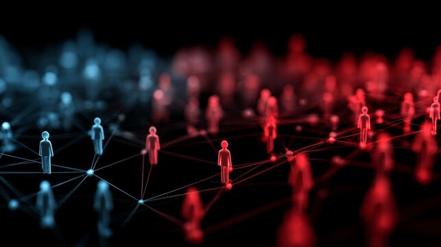  Business networking connections and relationships pattern on a blue and black gradient poster background with red to black transition at the bottom, abstract professional design