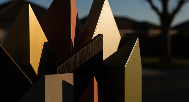 Abstract geometric l sculpture with reflective gold and bronze tones arranged outdoors in natural lighting