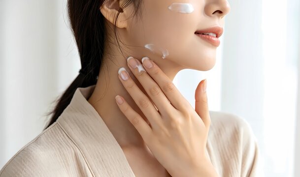 Young woman applying skincare product on neck, natural beauty routine, closeup of female face and hand with moisturizer cream, healthy glowing skin concept