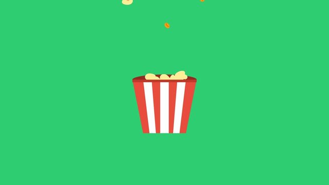 Motion graphics video of popcorn falling into a striped bucket over a green background loop.