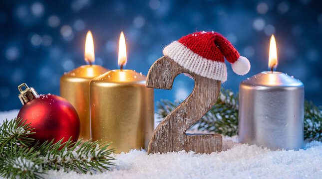 A festive wooden number two wearing a tiny Santa hat surrounded by glowing candles, Christmas ornaments, and snow on a blue bokeh background.