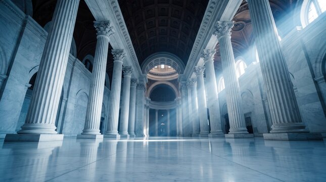 Grand courthouse interior with marble Corinthian columns and vaulted ceiling, capturing ethereal sunlight rays for law firm marketing, justice concept, and architectural heritage.