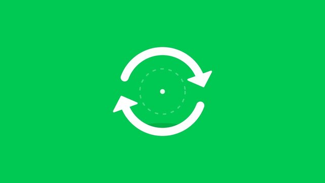 White refresh arrows symbol motion graphics looping on a solid green background video clip.