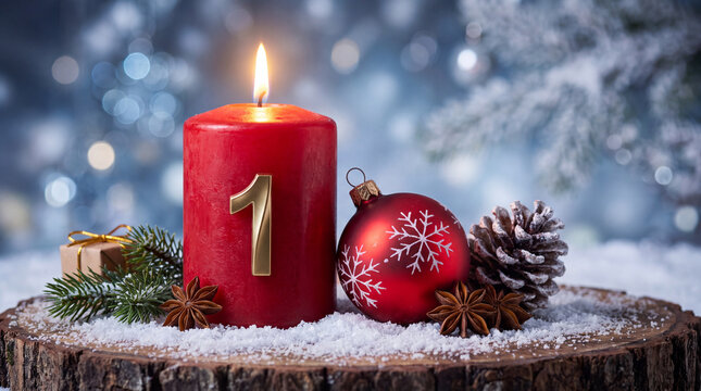 A burning red candle labeled with the number one, accompanied by a Christmas bauble, pinecone, and star anise on a snowy wooden slice for the first Advent.