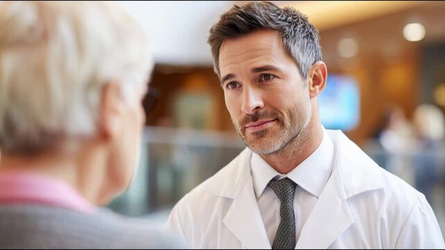 Handsome doctor kindly talking with an elderly female patient in a modern hospital hallway