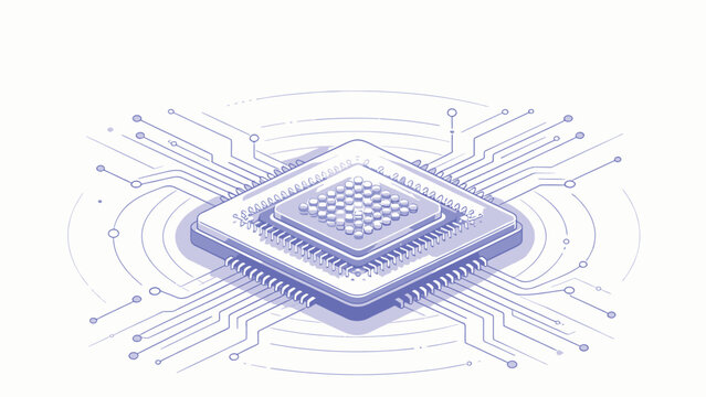 Isometric illustration of a microprocessor with circuit board, purple and blue tech aesthetic, digital