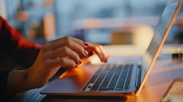 Female hands typing laptop close up. Employee closes computer rubbing neck cafe.