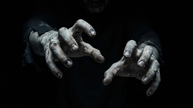 Two creepy zombie hands reaching out from the dark