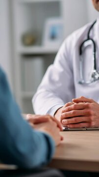 Close-up of a doctor's hands explaining a diagnosis and treatment plan to a patient