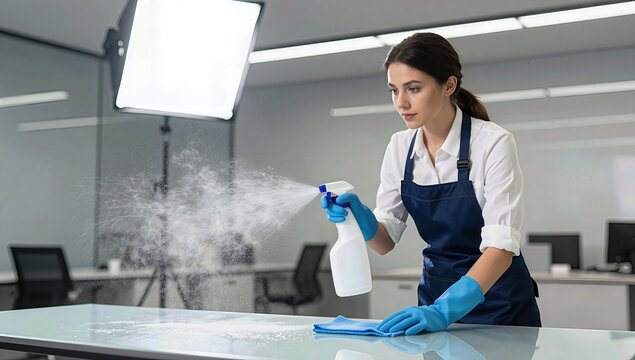 Young Woman Wearing Apron and Blue Gloves Cleaning a Surface with Spray Bottle in a Modern Office Setting with Professional Studio Lighting and Bright Minimalist Atmosphere