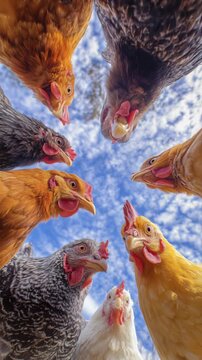 Group of curious hens pecking and looking down at the camera against a blue sky