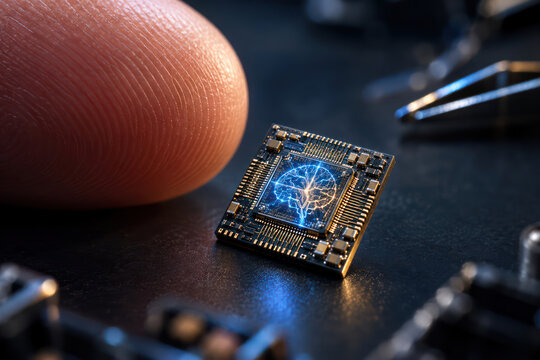 Tiny AI Chip Compared to Human Finger Showing Miniaturization of Artificial Intelligence Hardware