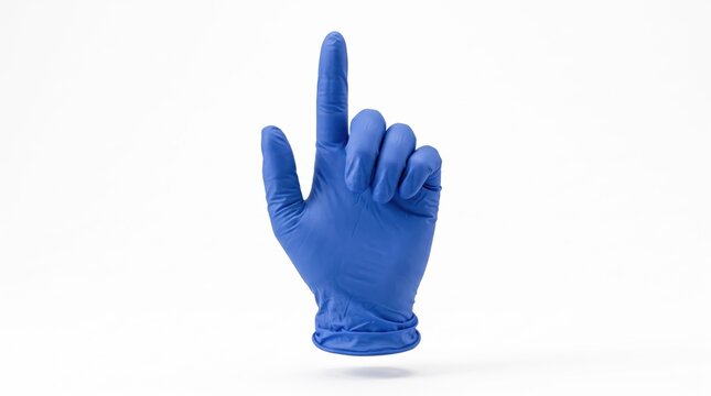 Blue medical glove pointing up with index finger