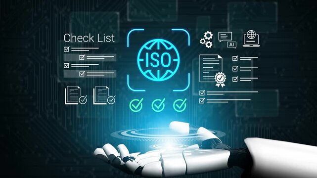 Futuristic robotic hand presenting ISO certification checklist with digital icons, showcasing advanced technology and quality management concepts in modern business. Gluon.