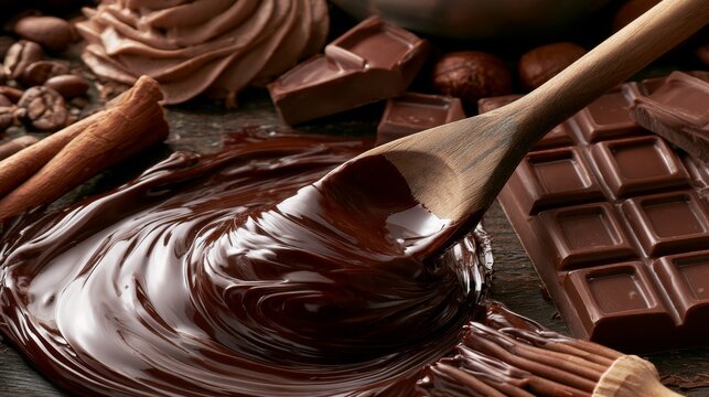 Rich and Creamy Melted Chocolate with Wooden Spoon Surrounded by Nuts, Cocoa, and Dark Chocolate Bars on Rustic Wooden Surface