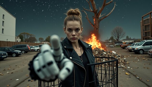 Woman with Robotic Hand Pointing in Post-Apocalyptic Night Parking Lot