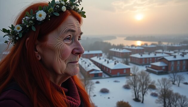 Elderly woman with floral crown overlooking snowy village at sunset