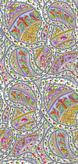 Seamless repeating pattern with paisley motifs placed at different angles, balanced by smaller floral elements and filler © Venkatsai