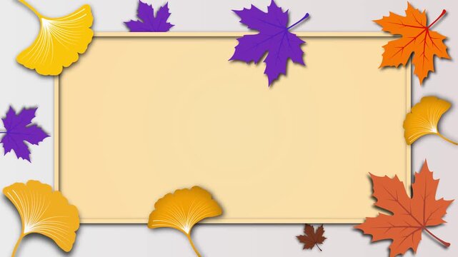 Dynamic motion graphic with colorful autumn leaves swaying to the right as a central brown rectangular frame smoothly zooms in. Perfect for fall season announcements, sale banners, and promos