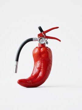Creative conceptual pun of a red hot chili pepper modified with a full fire extinguisher top, handle, and pressure gauge.