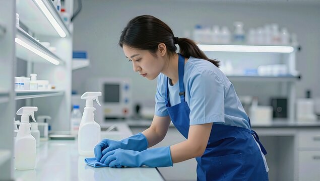 Young female laboratory technician wearing blue gloves and apron cleaning a white spray bottle on a sterile lab workbench in a modern bright medical research facility