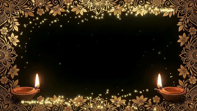 An ornate golden floral border frames an expansive dark copy space, elegantly anchored by two glowing clay diyas and floating sparkles in this premium animated video background.
