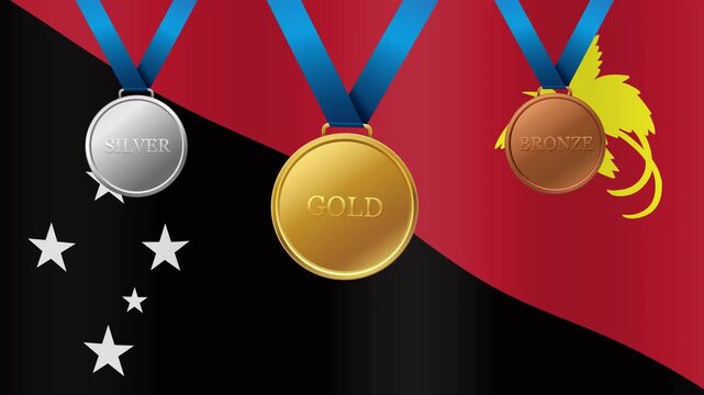 Papua New Guinea Flag with Gold Silver and Bronze Medals