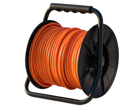 Orange electrical cable spool wound tightly on black plastic reel with metal frame handle wire cord.